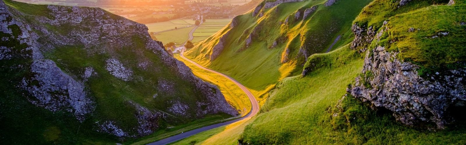 winnats pass, peak district, derbyshire, valley, countryside, sunshine, sunrise, landscape, summer, nature, road